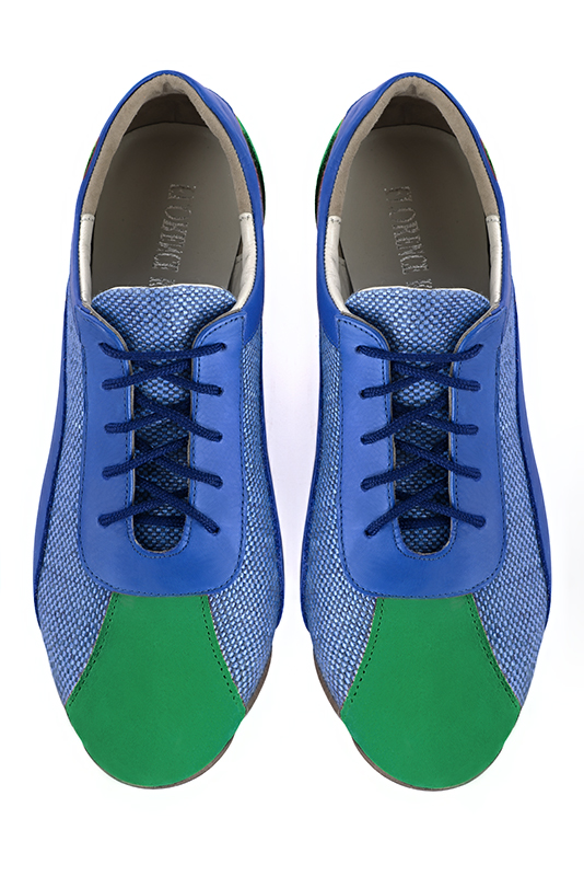 Emerald green and electric blue women's two-tone elegant sneakers. Round toe. Flat rubber soles. Top view - Florence KOOIJMAN